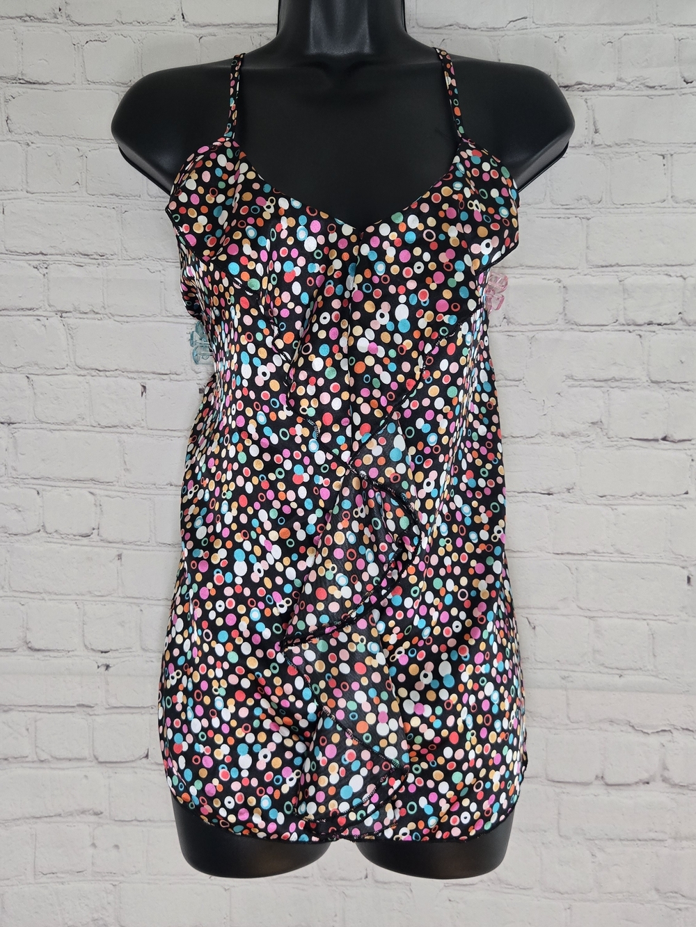 Y2K multicolored polka dot‎ ruffle babydoll tank top satin Teenbell sz lg